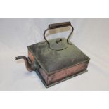 A 19th century copper square kettle with scroll handle,