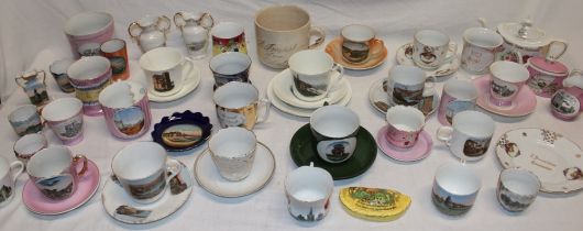 A large selection of Cornish souvenir china including Redruth tea pot, a pair of Falmouth vases.