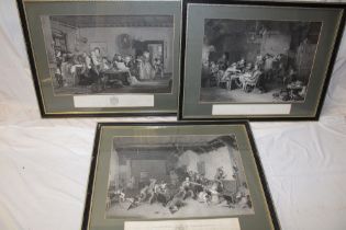 Five large 19th century black and white engravings including "Blind-Man's Buff, Blind Fiddler,