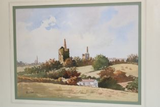 David Faull - watercolour Cornish engine houses near Helston, signed,