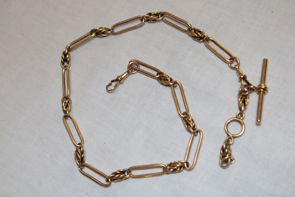 A good quality 18ct gold multi-link pocket watch chain with T-bar (87.