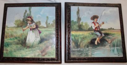 A pair of ceramic square tiles decorated with a young boy and girl, signed Daniel,