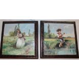 A pair of ceramic square tiles decorated with a young boy and girl, signed Daniel,