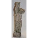 A weathered composition garden figure of a female with water urn 36" high