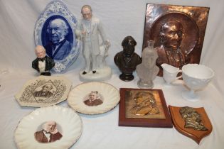 A selection of William Gladstone memorabilia including a Victorian Staffordshire pottery figure of