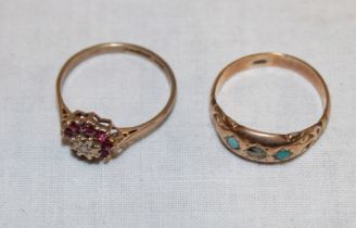 A 9ct gold dress ring set turquoise (damaged) and one other 9ct gold dress ring (3.