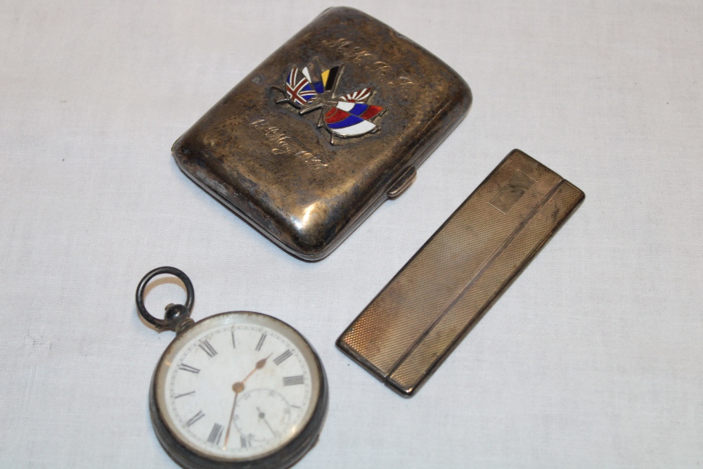 A silver rectangular convex cigarette case with raised enamel flag decoration,