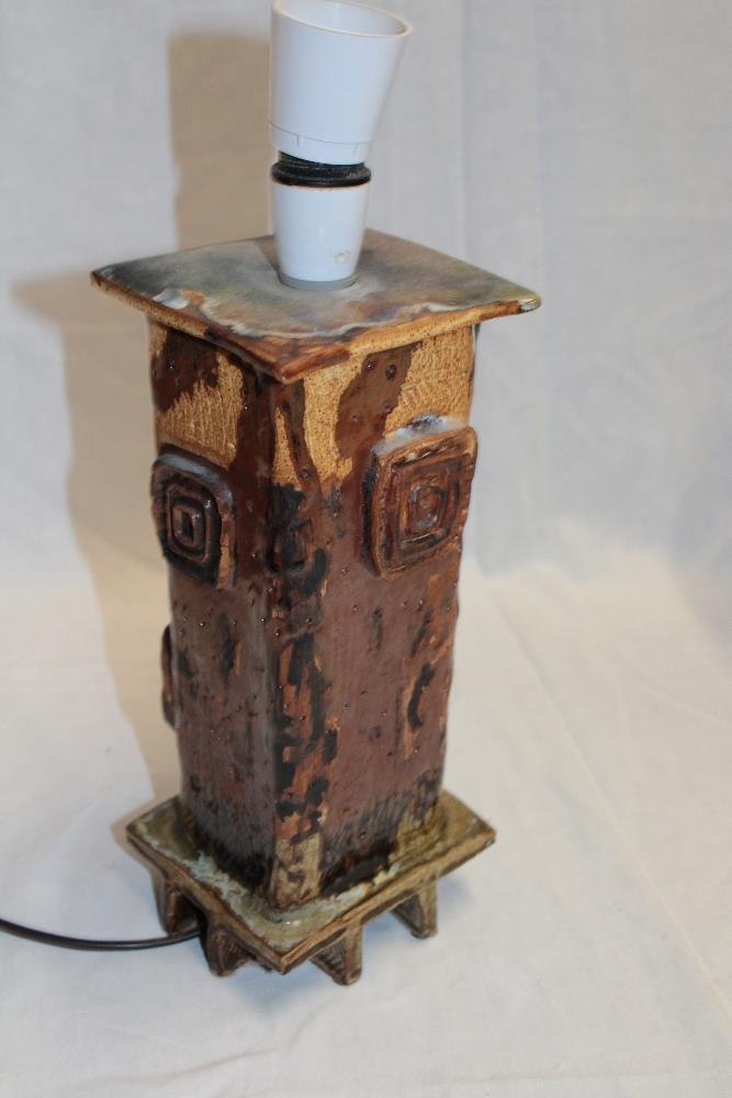 A studio pottery square table lamp with raised decoration marked "RBD" 14" high overall - Image 2 of 3