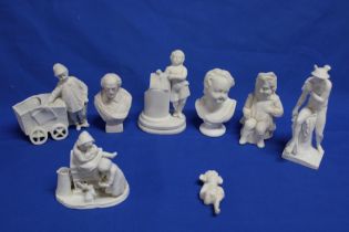 Seven various Parian-style china figures including a young boy with cart, two classical busts,