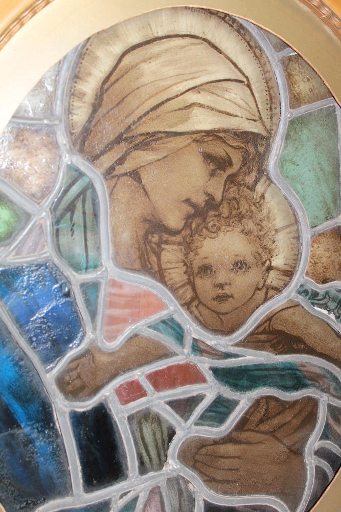 An old leaded stained glass oval window panel, - Image 2 of 2