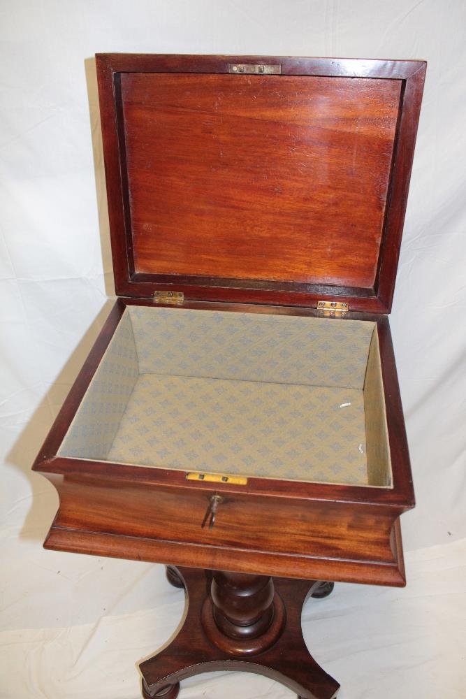 A Victorian mahogany rectangular teapoy with plain fabric lined interior enclosed by a hinged lid - Image 2 of 3