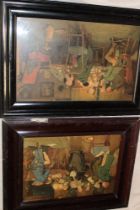 A pair of coloured lithographs depicting tavern interior scenes with numerous figures,