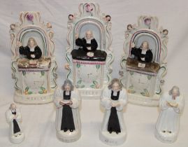Three Victorian Staffordshire pottery flat-back figures of John Wesley preaching from a pulpit and