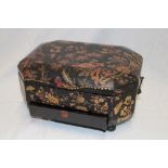 A Victorian lacquered paper mache rectangular sewing box with floral decorated hinged lid and base