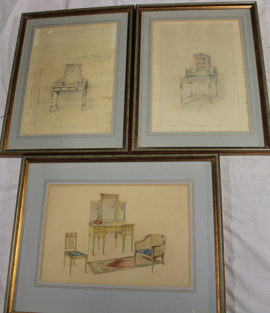 Artist Unknown - pencil/watercolours Three 19th century designs for bedroom furniture,