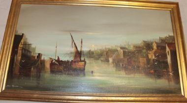 D** Smith - oil on canvas Penzance harbour with fishing boats, signed,