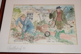 A coloured comic gardening print signed by Mark Huskinson,