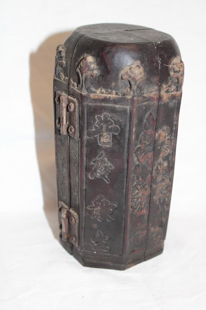 An old Eastern carved wood folding shrine depicting Buddha figures and characters, signed, - Image 2 of 3