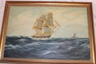 Artist Unknown - oil on canvas A three masted sailing vessel at sea,