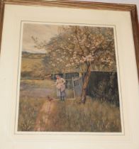 Frank McFadden - watercolour Country scene with female feeding hens, signed, copy label to verso,