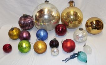 A selection of various vintage glass Christmas baubles including large 10" silvered bauble and