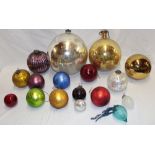 A selection of various vintage glass Christmas baubles including large 10" silvered bauble and