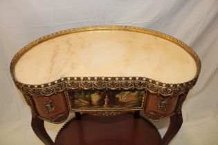 A reproduction French mahogany kidney-shaped centre table with inset marble top,