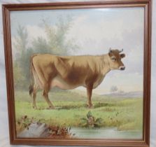 An oil on ceramic panel depicting a cow within a landscape by J. C.