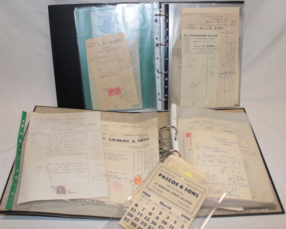 Two folders of original receipts and paperwork relating to the Helston area including 1885 Helston