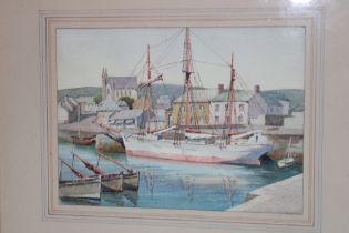 Artist Unknown - watercolour Porthleven harbour with fishing boats,