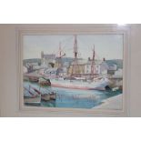 Artist Unknown - watercolour Porthleven harbour with fishing boats,