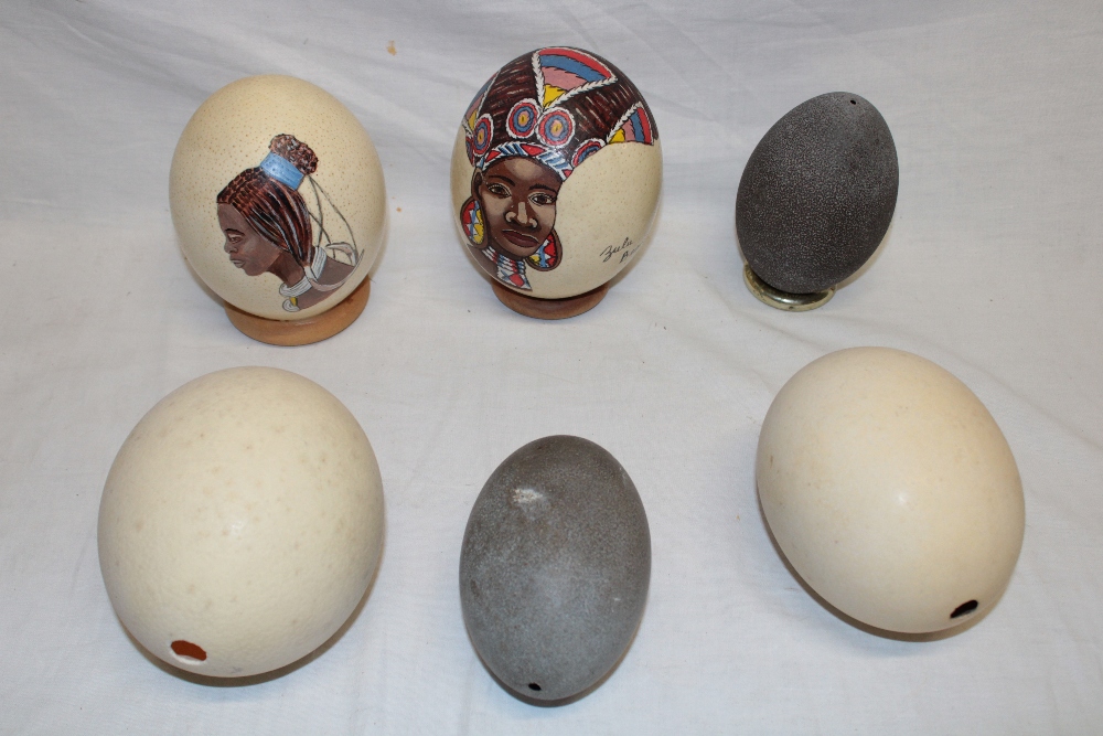 Four various ostrich eggs including two painted eggs "Zulu Beauty" and two other emu eggs (6)