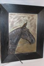 A silver-plated bust study of a race horse on silver-plated panel within oak frame,