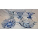 Five pieces of blue tinted glassware including a circular two handled bowl, 16" long; tapered vase,