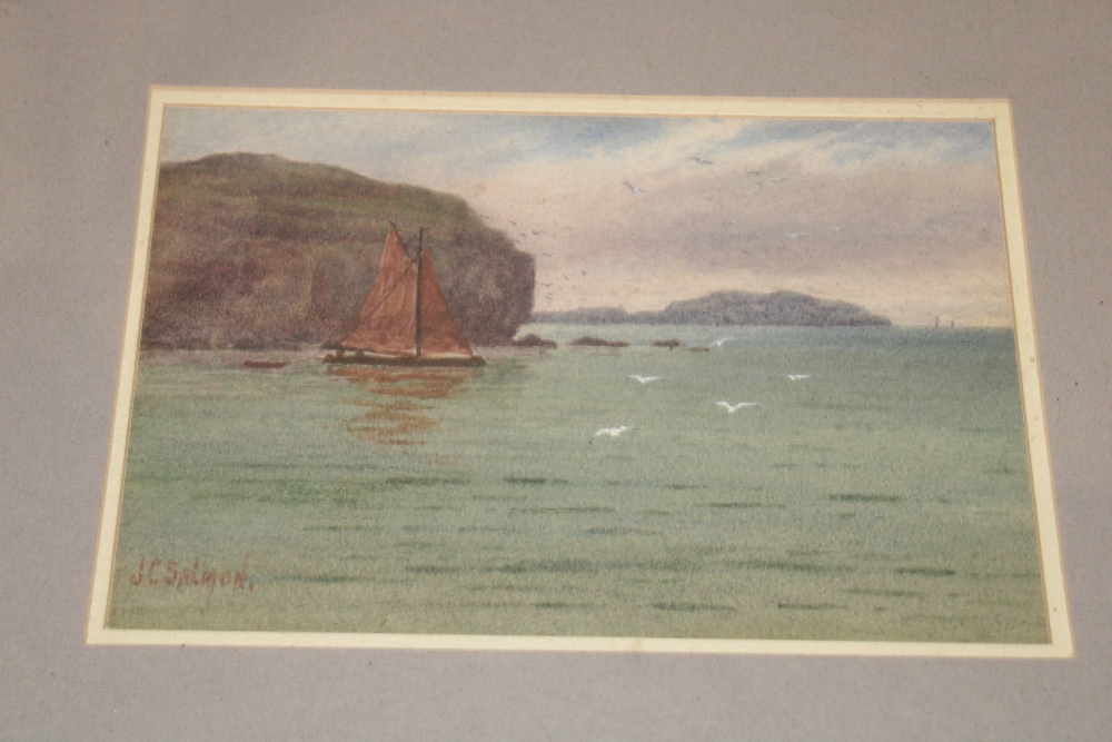 J** C** Salmon - watercolour Coastal scene with fishing boat, signed,