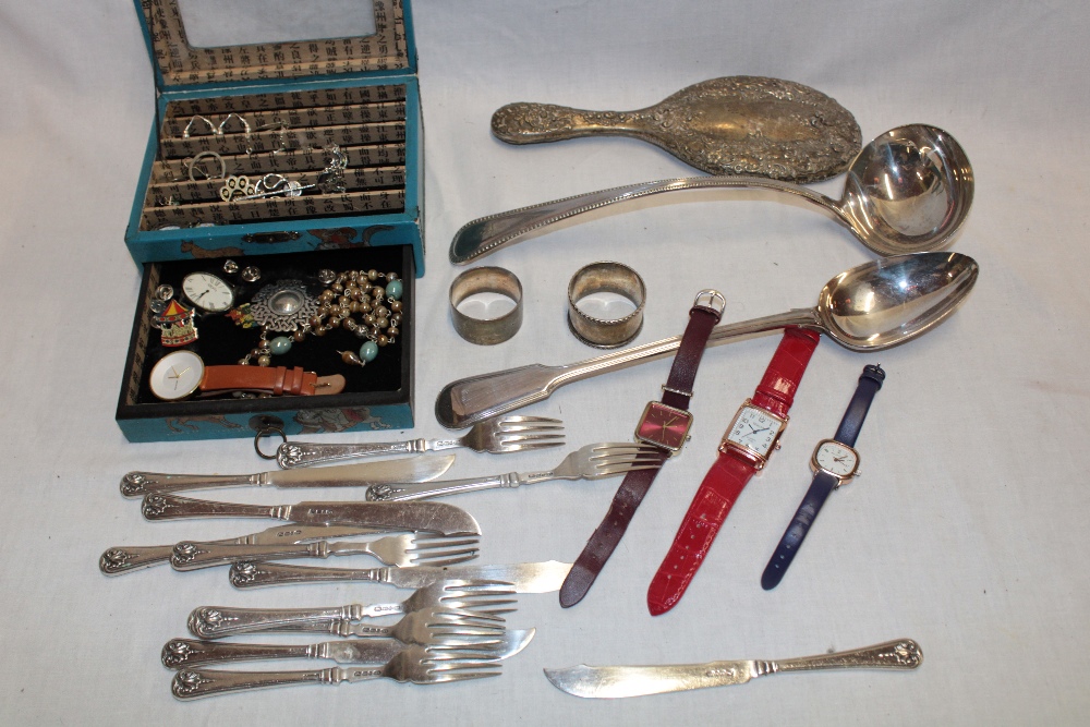 A jewellery box containing a quantity of various costume jewellery together with two silver