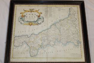 A 17th century hand coloured map of Cornwall by Robert Morden,
