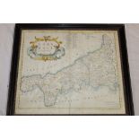 A 17th century hand coloured map of Cornwall by Robert Morden,