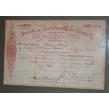 A late 19th century Cornish share certificate for the Helston & Porthleven Water Company,