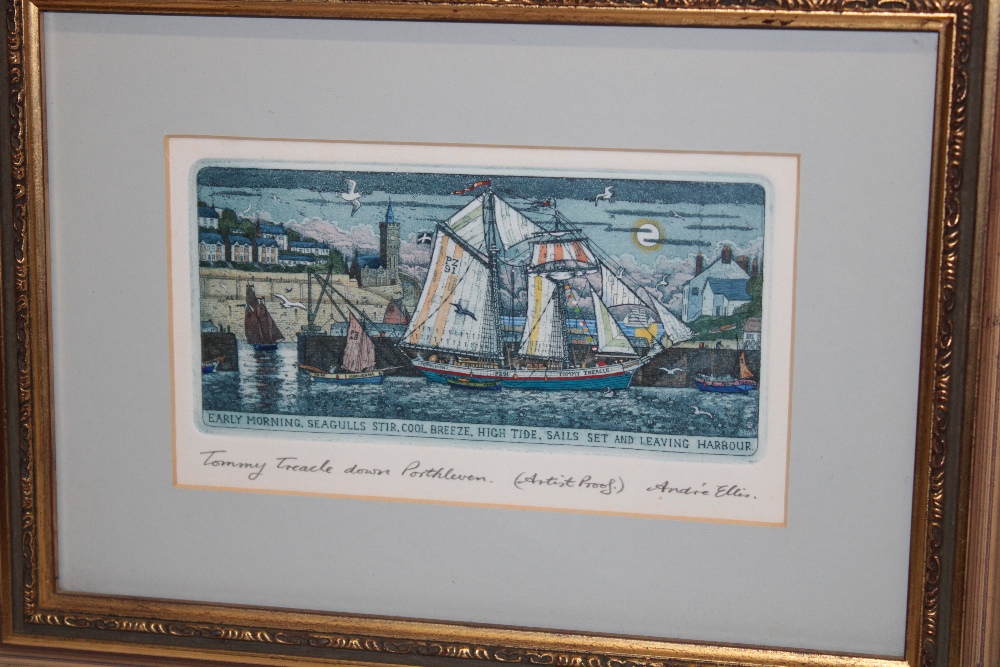 A coloured artist's proof etching "Tommy Treacle Down Porthleven" signed in pencil Andre Ellis,