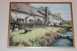 Artist Unknown - watercolour A country thatched cottage with blossoming garden,