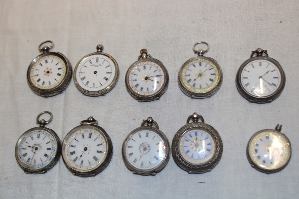 Ten various silver cased fob watches in varying conditions