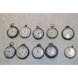 Ten various silver cased fob watches in varying conditions
