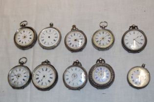 Ten various silver cased fob watches in varying conditions