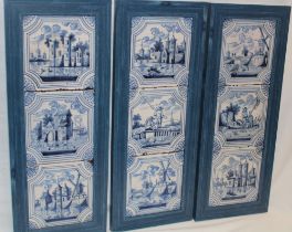 Nine late 18th/early 19th century delft ceramic tiles with blue and white and landscape and figure