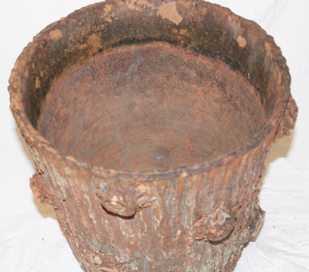 An old terracotta circular planter with rustic decoration in the form of a tree trunk, - Image 2 of 2