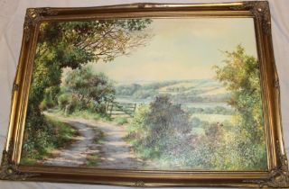 Monica Childs - oil on canvas Cornish country path with a view of the River Fal, signed,