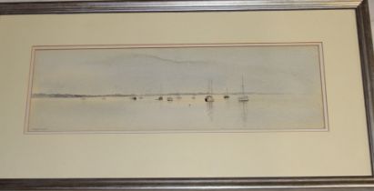 Edward Morris - watercolour Estuary scene with boats "Morning Moorings", signed, labelled to verso,