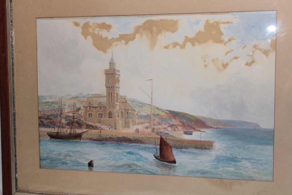 Artist Unknown - watercolour A 19th century view of The Institute of Porthleven with fishing boats,