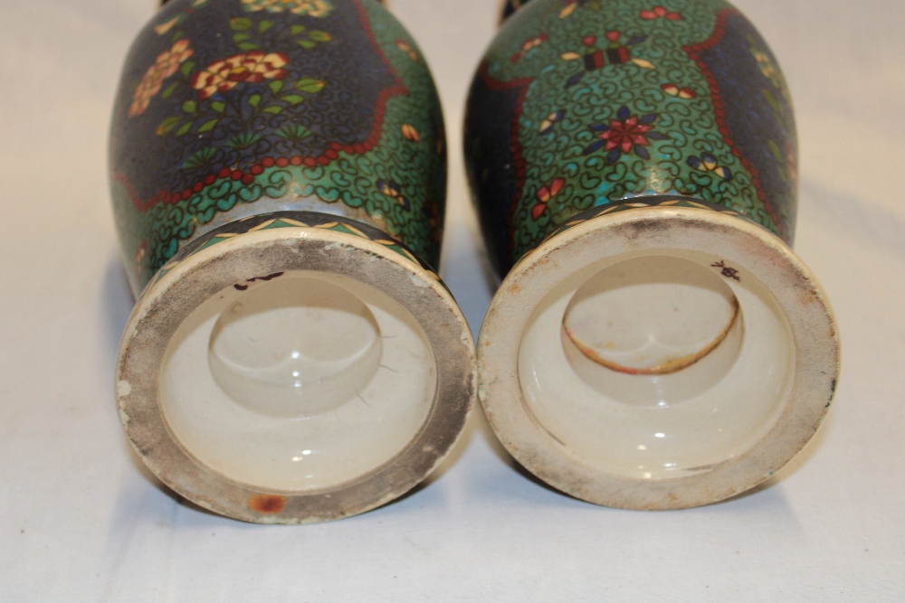 A pair of Japanese Satsuma pottery tapered vases with painted floral decoration 11" high - Image 2 of 2